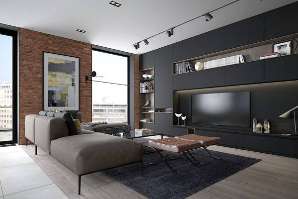 Sala de home theater com painel escuro, marcenaria sob medida e iluminação de trilho
